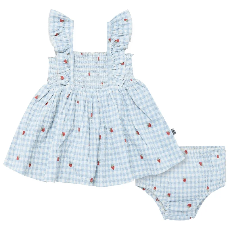 2-Piece Baby Girls Strawberry Gingham Ruffle Sleeve Dress and Diaper Cover Set Tunics Solid Classic 2-Piece Baby Girls Strawberry Gingham Ruffle Sleeve Dress and Diaper Cover Set Tunics Solid Classic