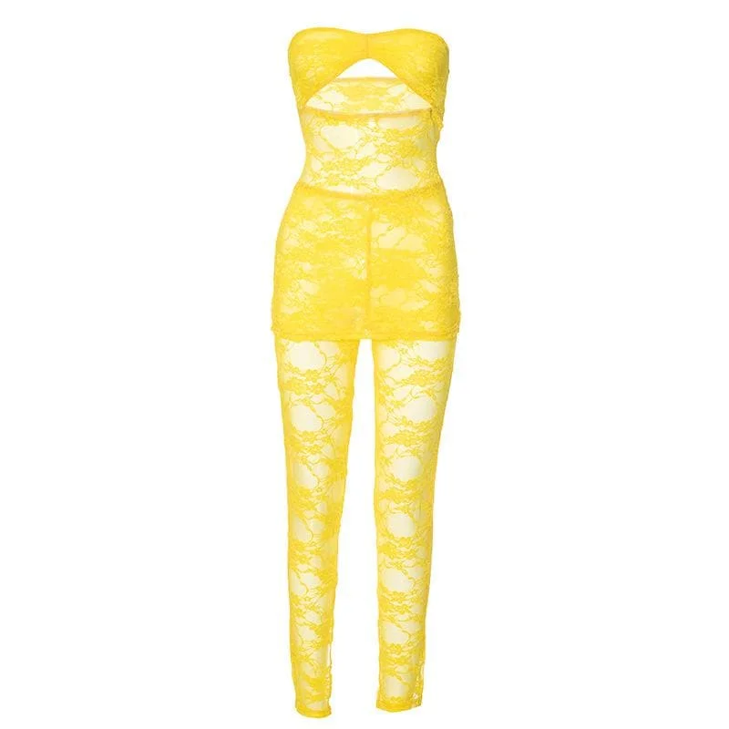 Lace hollow out ruched see through tube pant set Stylish Paperbag Waist Pants