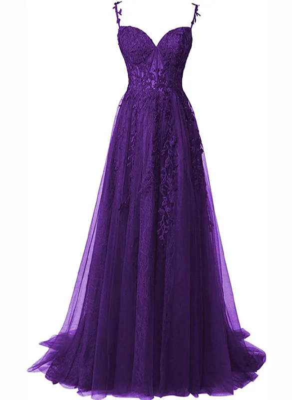 Purple A-Line Tulle Off Shoulder Long Prom Dress With Lace, Purple Evening Dress Party Dress Tunics Practical easy-care