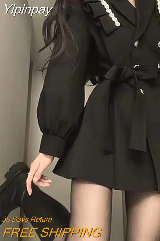Yipinpay Fashion Black Mini Blazer Dress Women Elegant Chic Sashes Button Design Dress Winter Casual Sexy Evening Party Dress New Tunics Sale discount Yipinpay Fashion Black Mini Blazer Dress Women Elegant Chic Sashes Button Design Dress Winter Casual Sexy Evening Party Dress New Tunics Sale discount