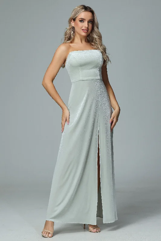 Formal Strapless Velvet Wedding Party Dresses with Slit Chiffon Maxi Beach