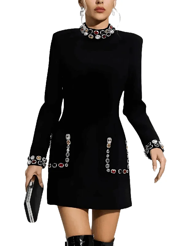 High Waist Diamond Temperament Dress For Women Crew Neckline Sporty