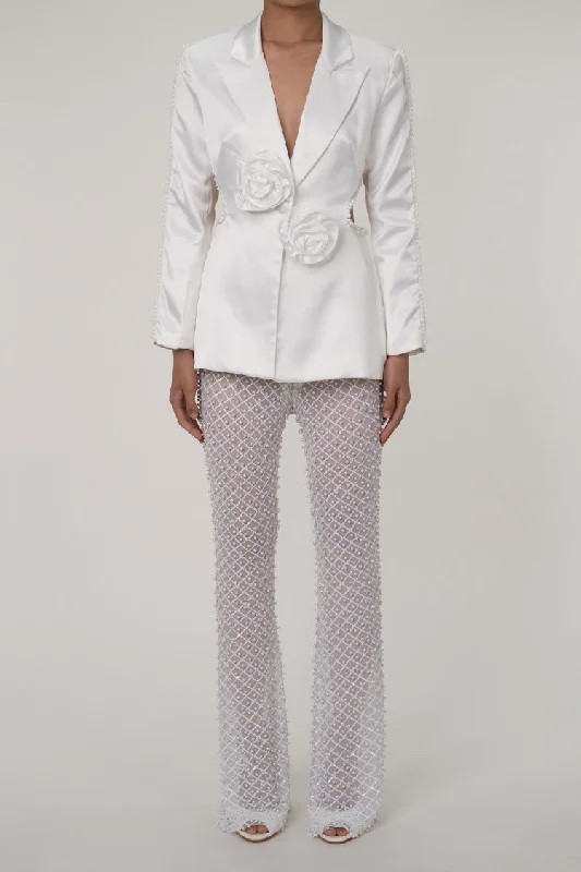 Sumptuous Beaded Cut Out Sheer Sequin Pant Two Piece Rosette Blazer Set Slim Fit Casual Pants Sumptuous Beaded Cut Out Sheer Sequin Pant Two Piece Rosette Blazer Set Slim Fit Casual Pants