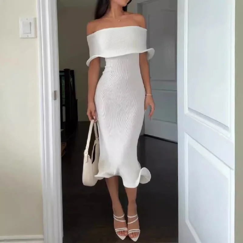 Off-neck Slim-fit Sexy Sleeveless Solid Color Dress Tunics Trendy modern