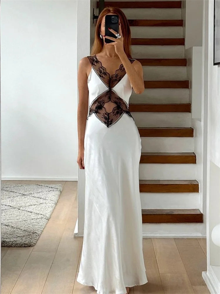Lace Backless Hollow Out Maxi Dress For Women Patchwork Printed Fashion High Waist Elegant Party Dress Female Long Dress Tunics Sophisticated sleek