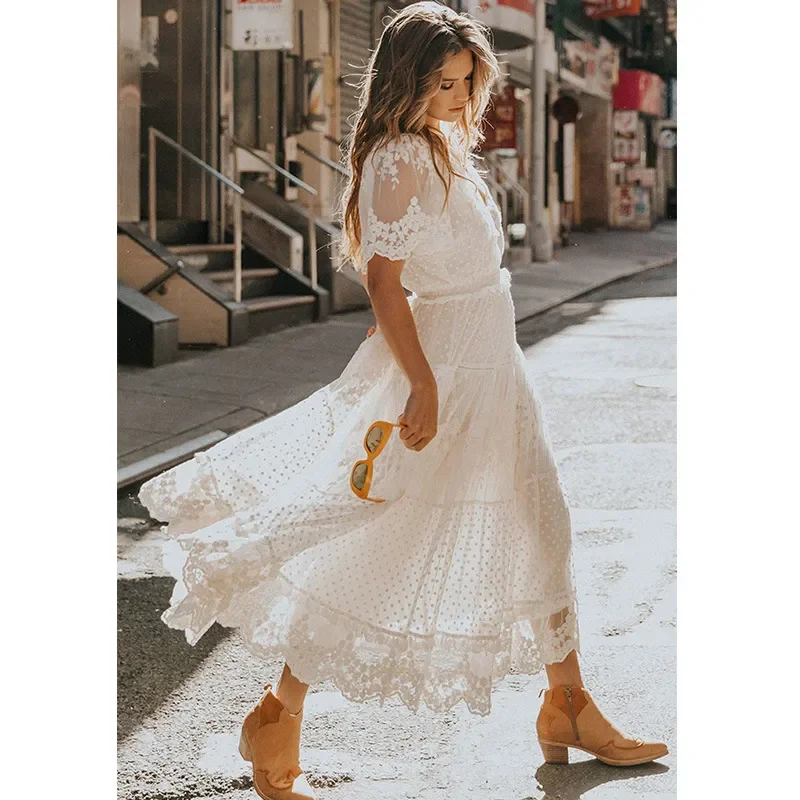 Women Fashion Casual White Lace Short Sleeve Maxi Party Dress Shift Classic Vintage