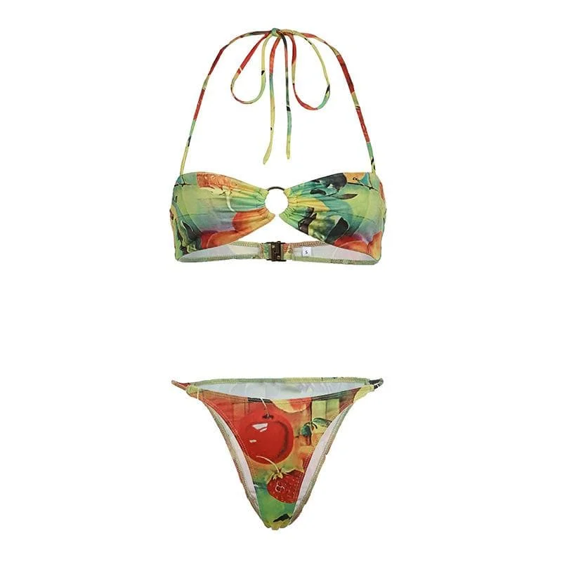Halter fruit print o ring pant set Elegant Silk Pants