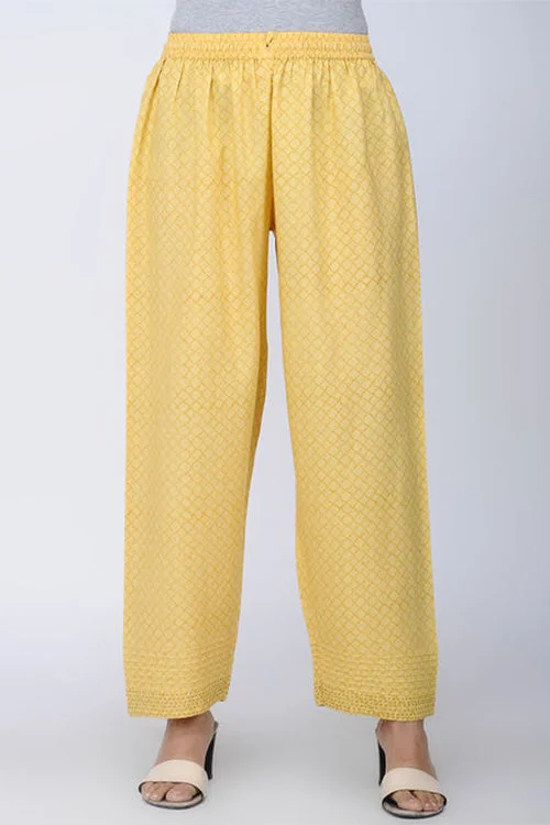 Dharan 'Printed Straight Pants' Yellow Block Printed Pants Soft Wool Pants