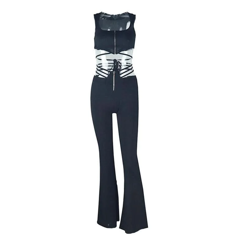 Zip-up self tie ribbed square neck solid pant set Comfy Cargo Trousers