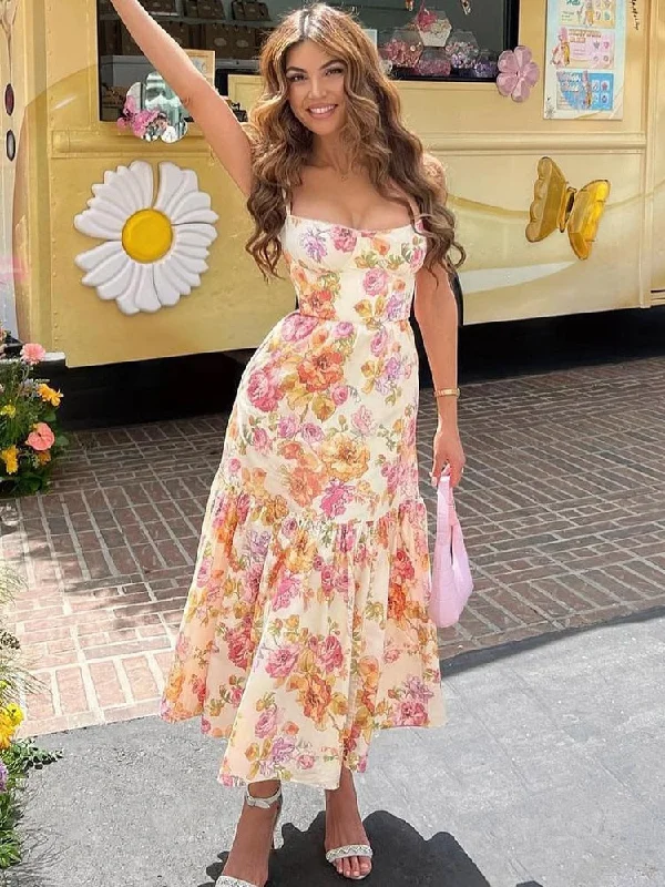 Blue Midi Floral Print Women's Summer Dress Elegant Long Casual Holiday Party Dress Streetwear New In Dresses Tunics Distressed trendy Blue Midi Floral Print Women's Summer Dress Elegant Long Casual Holiday Party Dress Streetwear New In Dresses Tunics Distressed trendy