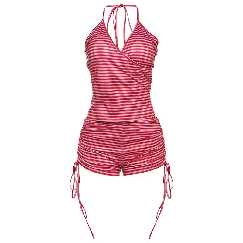 Halter v neck striped print drawstring short pant set Trendy Palazzo Pants