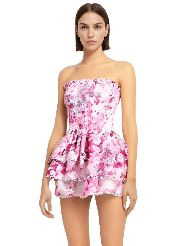 Women's Strapless High Waist Patchwork Dress Crew Neckline Casual