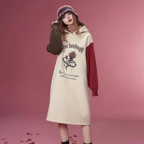 Stylish Graphic Spliced Knitted Fleece Dress Tunics stripes playful