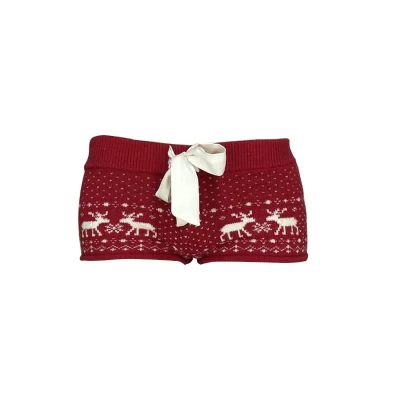 Reindeer pattern knitted self tie low rise short pant Elegant Wool Trousers