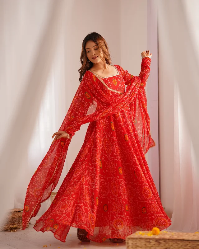 Lorenvalley Women Soft Lightweight Chiffon Bandhej Print Fabric Anarkali Kurta Pant With Dupatta Set High-Waist Yoga Pants Lorenvalley Women Soft Lightweight Chiffon Bandhej Print Fabric Anarkali Kurta Pant With Dupatta Set High-Waist Yoga Pants