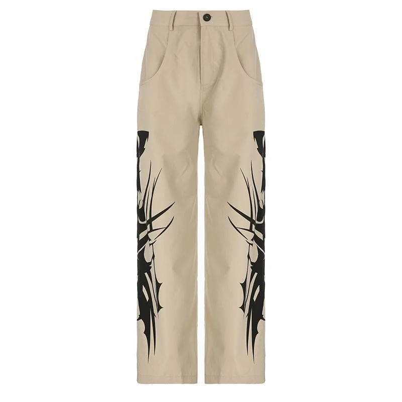 Abstract high rise button pocket contrast straight leg pant Casual Plaid Pants