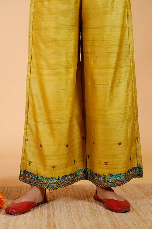 Gubbaro Handpainted Madhubani 'Gajanand Mayur' Tussar Silk Pant Lightweight Linen Pants Gubbaro Handpainted Madhubani 'Gajanand Mayur' Tussar Silk Pant Lightweight Linen Pants