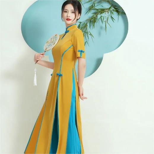 Cheongsam Top Vietnamese Ao Dai Dress includes Loose Pants Fashionable Work Pants
