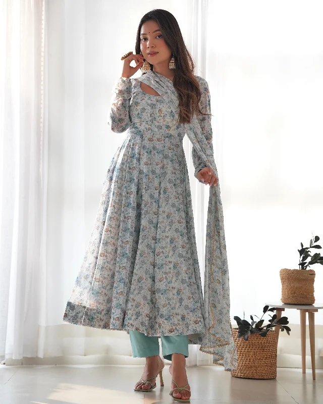 Lorenvalley Fashion Women Pure Orange Chiffon Floral Print Fully Flair Anarkali Kurta Pant With Dupatta Set - Skyblue Elegant Palazzo Trousers