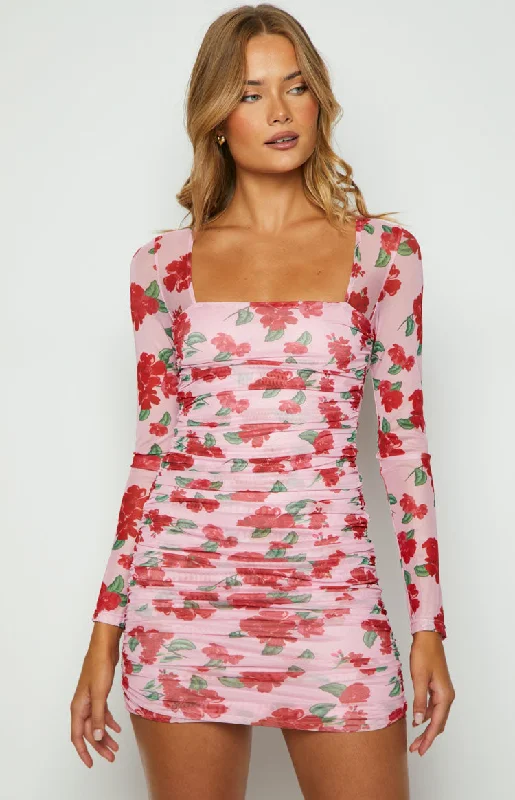 Estee Pink Print Long Sleeve Mesh Mini Party Dress Tunics Review highly