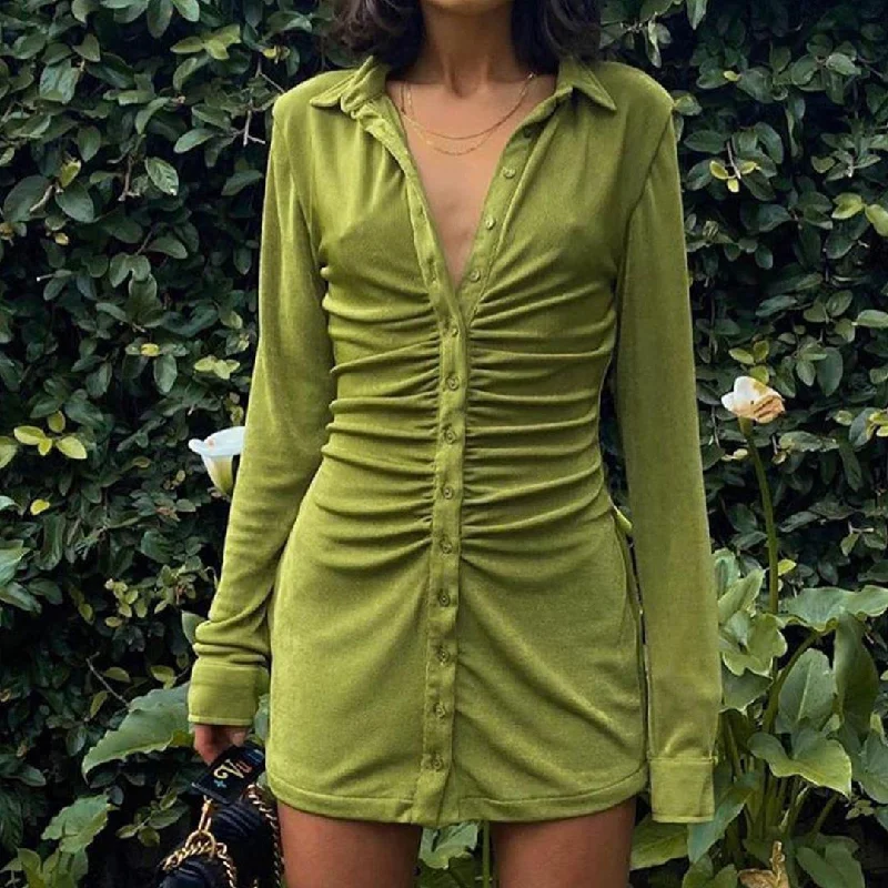 Sexy Mini Slim Dress Women Green Club Party Dress Turn-Down Collar Button Short Dresses Female Elegant Streetwear Shirt Vestidos Tunics Winter warm