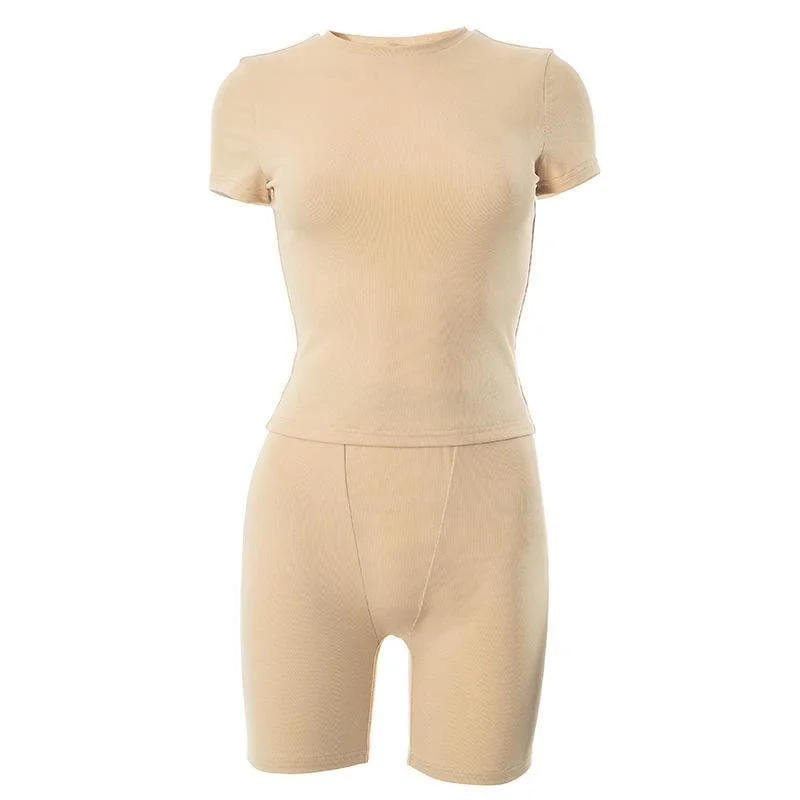 Short sleeve crewneck solid ribbed pant set Stylish Slim Trousers
