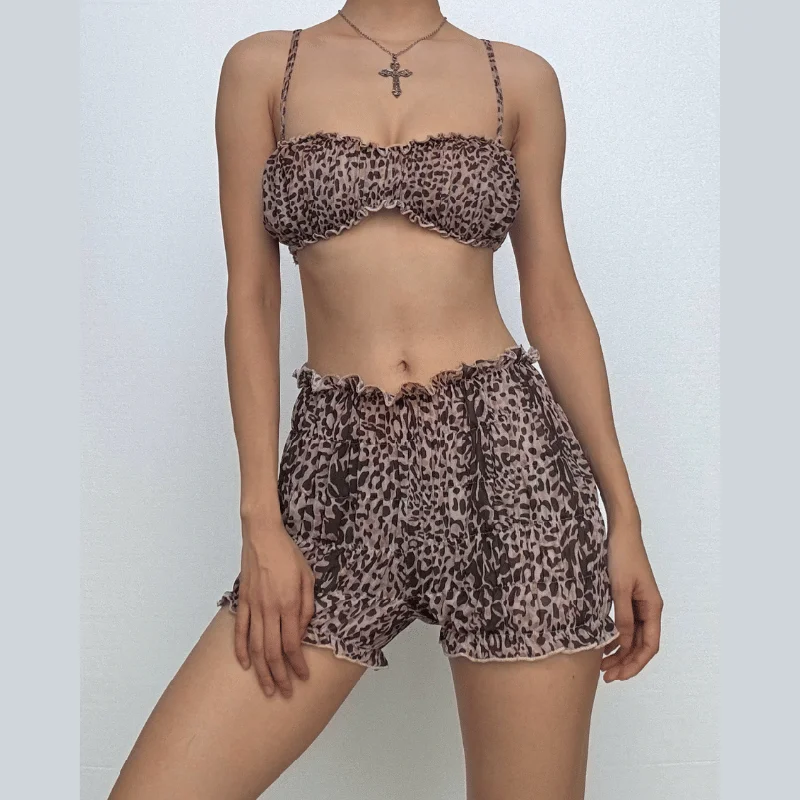 Leopard print ruffle ruched crop chiffon cami pant set Chic Wool Trousers