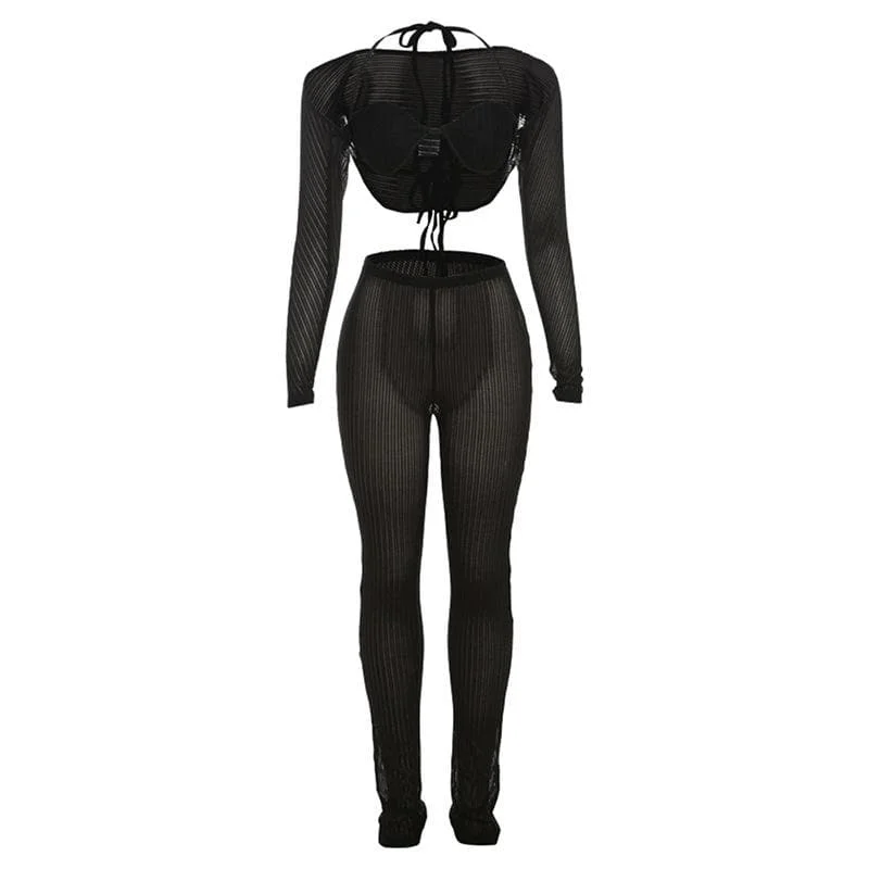 Halter shrug textured see through pant set Chic Slim Fit Pants