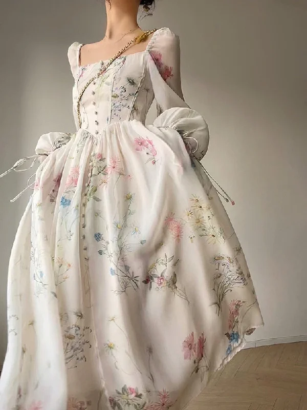 French Elegant Floral Midi Dress Chiffon Long Sleeve Evening Party Dress Woman Beach Fairy One Piece Dress Korean Summer Tunics Handmade artisanal French Elegant Floral Midi Dress Chiffon Long Sleeve Evening Party Dress Woman Beach Fairy One Piece Dress Korean Summer Tunics Handmade artisanal