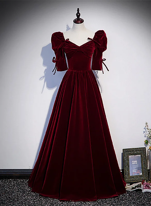 Wine Red Short Sleeves A-line Long Party Dress, Wine Red Bridesmaid Dress Tunics Fall fleece