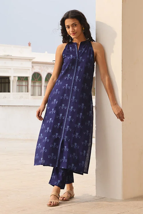 Okhai "Azure Symphony" Handwoven Ikkat Kurta Pant set Comfortable Pleated Pants