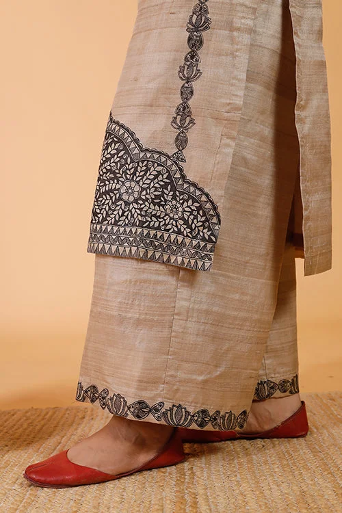 Gubbaro Handpainted Madhubani 'Pride of Mithila' Tussar Silk Pant Soft Wool Pants