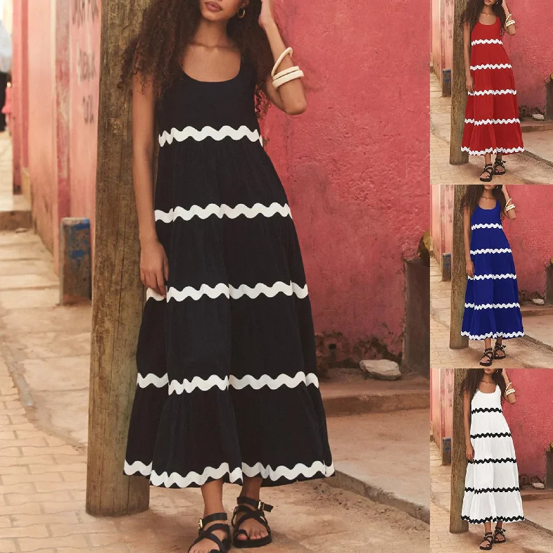 U-neck Wavy Print Long Dress Sleeveless Solid Color A-line Dress Summer Womens Clothing Tunics Sophisticated sleek