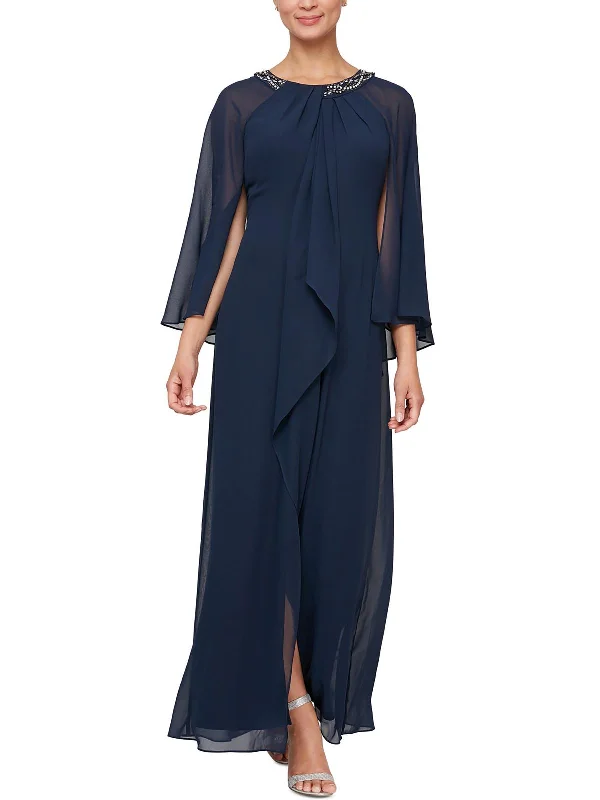 Womens Chiffon Capelet Evening Dress Pencil Office Professional