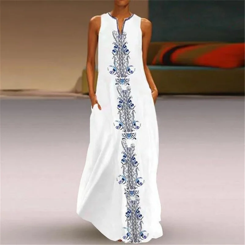 Women's Vintage Printed Dress V-neck Sleeveless Pocket Tunics Exclusive limited