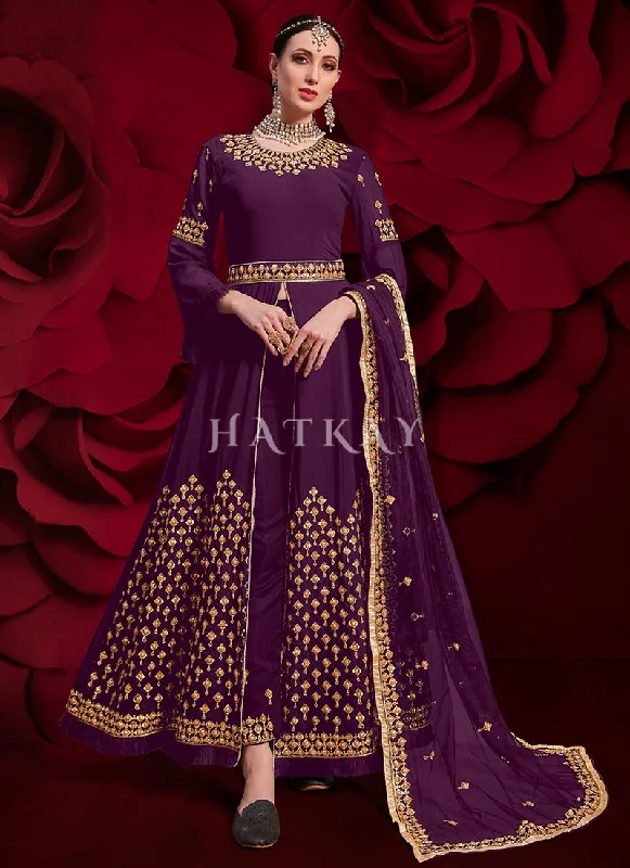 Purple Golden Embroidered Slit Style Anarkali Pant Suit Stylish Elastic Waist Pants