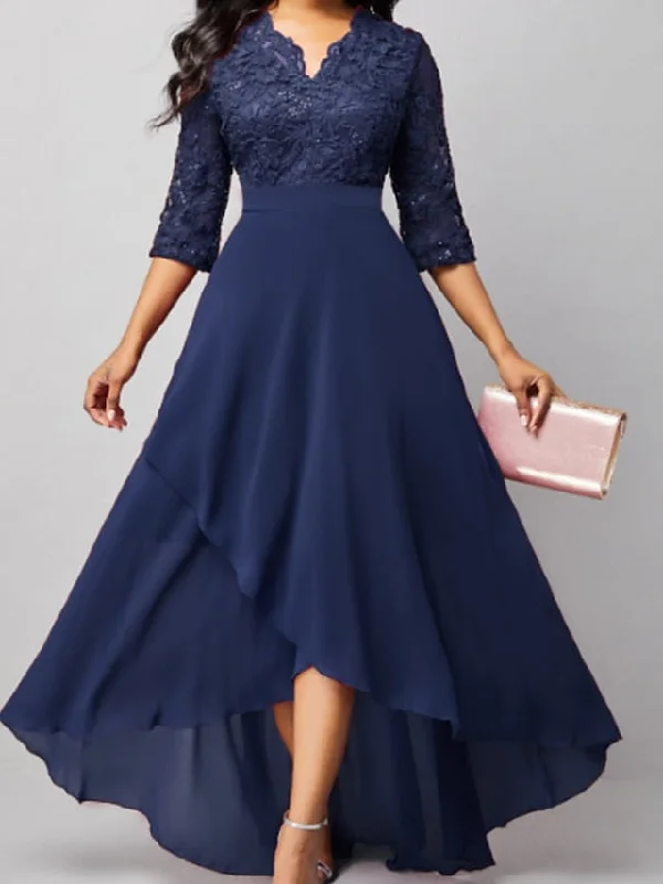 Women's Formal Party Dress Maxi long Dress Navy Blue 3/4 Length Sleeve Print Pure Color Ruched Lace Fall Winter V Neck Elegant Fashion Modern 3XL Sequined Elegant Party Women's Formal Party Dress Maxi long Dress Navy Blue 3/4 Length Sleeve Print Pure Color Ruched Lace Fall Winter V Neck Elegant Fashion Modern 3XL Sequined Elegant Party