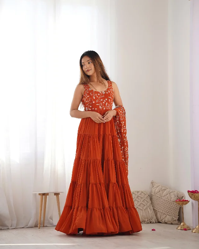 Lorenvalley Rust Faux Georgette Layer Gathering Anarkali Pant With Dupatta Set Comfortable Jogging Pants Lorenvalley Rust Faux Georgette Layer Gathering Anarkali Pant With Dupatta Set Comfortable Jogging Pants