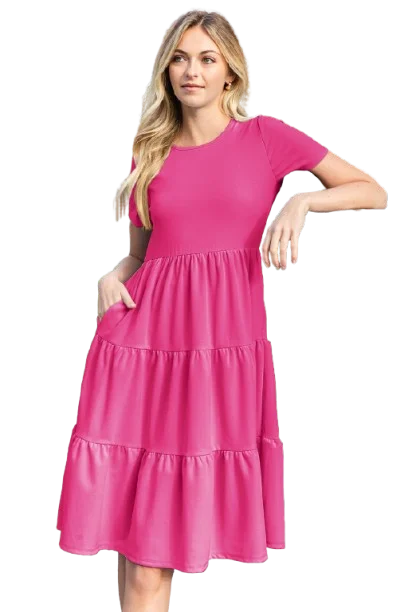 Short Sleeve Solid Tiered Dress Fuchsia - Pack of 6 Tunics Designer luxury