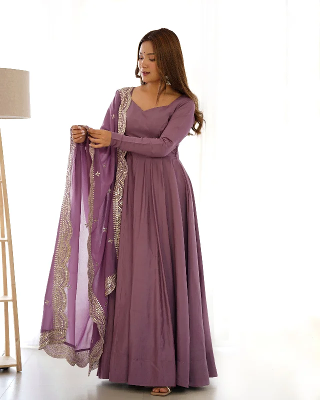 Lorenvalley Fashion Mauve Pure Roman Silk Chanderi Fabric Fully Flared Anarkali Pant With Dupatta Set - Mauve Classic Pleated Pants