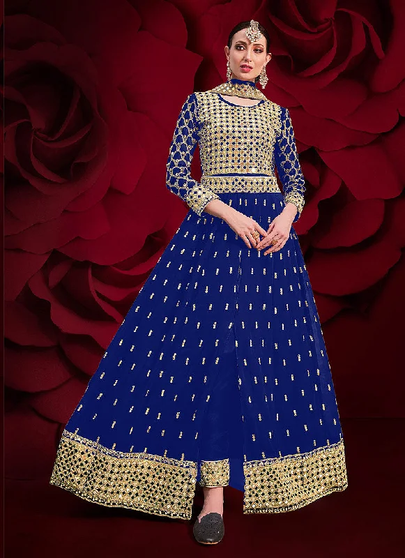 Blue Golden Mirror Work Slit Style Anarkali Pant Suit Elegant High-Waist Pants