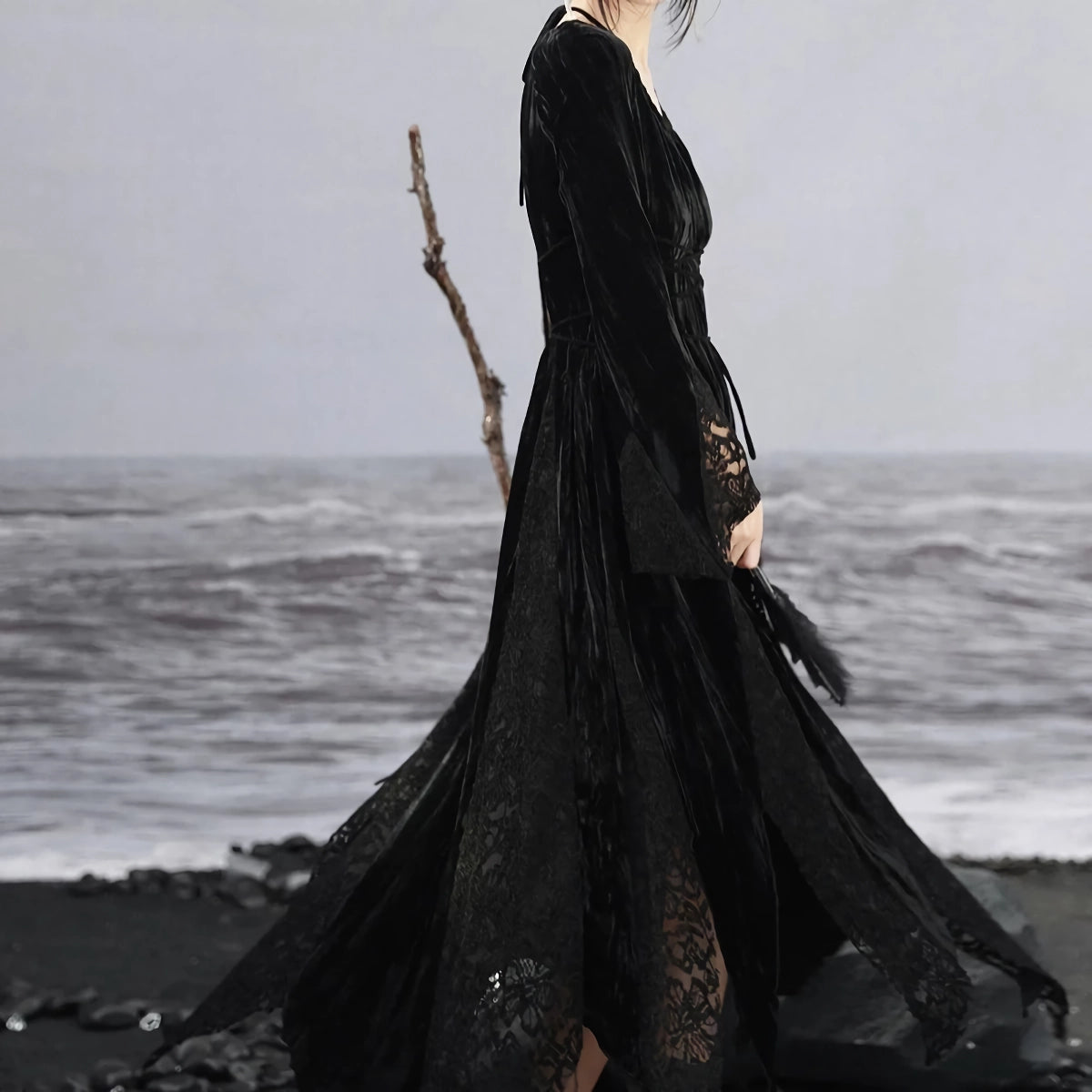 Dark Velvet Lace Splice Dress for Women - Elegant Autumn Style Tunics Brand named