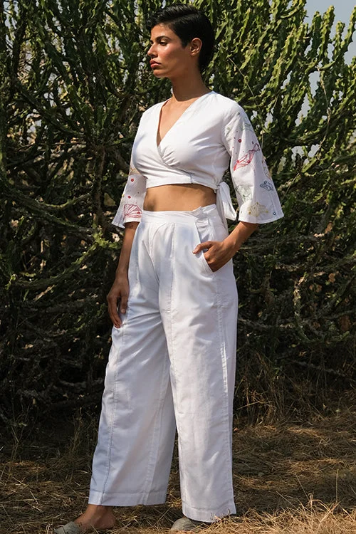 Okhai 'White Sky' Hand Embroidered Cotton Pants Chic Wool Trousers