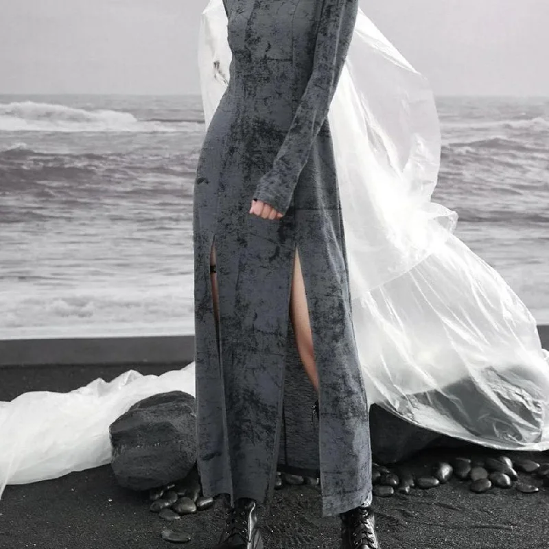 Elegant Dark Black Hooded High Neck Dress for Autumn Halter Neckline Beach