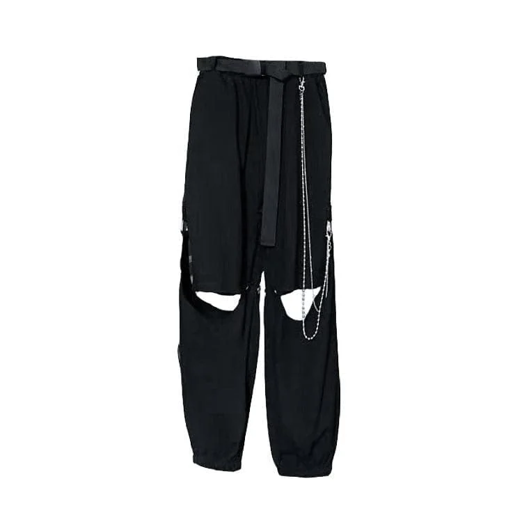 Hollow out metal chain solid 2-way belt cargo pant Relaxed Fit Trousers