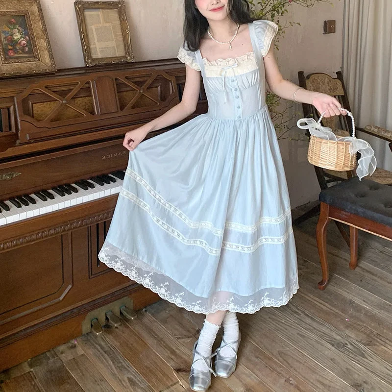 Lace Bow Blue Long Dress Female Tunics Recommended stylist