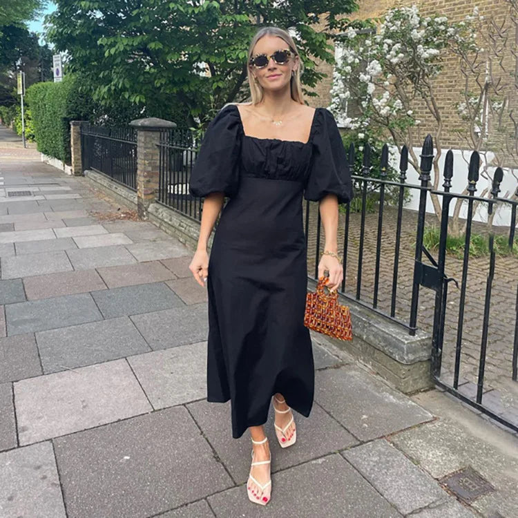 LIZAKOSHT - Maxi Summer Puff Sleeve Holiday Dress Black Square Neck Party Dresses Casual A Line Women Dress Tunics Timeless classic LIZAKOSHT - Maxi Summer Puff Sleeve Holiday Dress Black Square Neck Party Dresses Casual A Line Women Dress Tunics Timeless classic