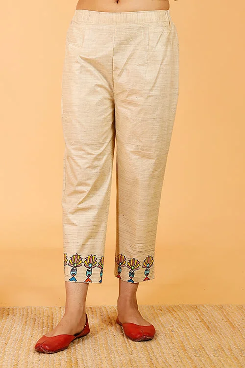 Gubbaro Handpainted Madhubani 'Surmai Kamal' Cotton Pant Elegant Trouser Pants