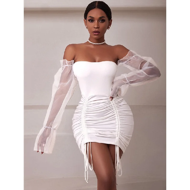 Sexy Sheer Sleeve Evening Party Dress Summer Holiday Birthday Club Partywear White Off Shoulder Mini Short Dresses Women Tunics Formal black
