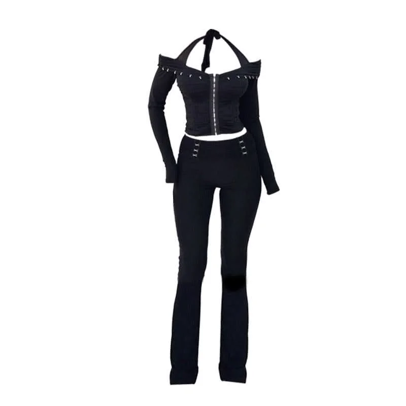Halter off shoulder button long sleeve pant set High-Waist Yoga Pants
